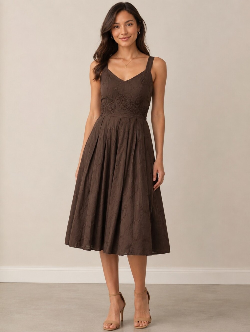 ❤️ TALBOTS VINTAGE Y2K EMBROIDERED COTTON MIDI DRESS, BROWN, 2P
